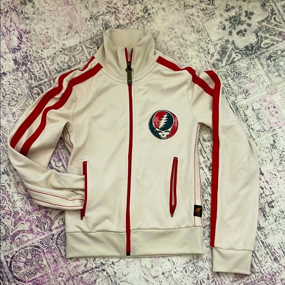 Vintage TRUNK cream & red Gratefuk Dead Track Jacket with zip pockets